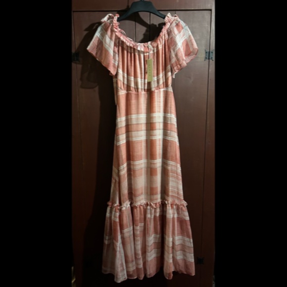 Lenon x Anthropologie Plaid Off Shoulder Tiered Maxi Dress Red/Pink Size M - NWT - Picture 11 of 16